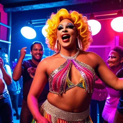 Home 4 **A vibrant, colorful scene inside a Panamanian LGBTQ+ club at night. People are dancing, laughing, and talking in a safe and accepting atmosphere. Drag queens are performing on a small stage under bright lights. The overall mood is celebratory and inclusive.**