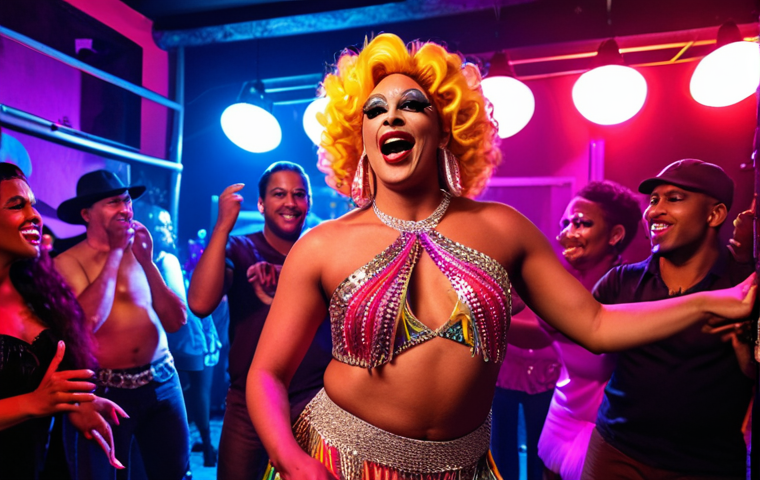 **A vibrant, colorful scene inside a Panamanian LGBTQ+ club at night. People are dancing, laughing, and talking in a safe and accepting atmosphere. Drag queens are performing on a small stage under bright lights. The overall mood is celebratory and inclusive.**