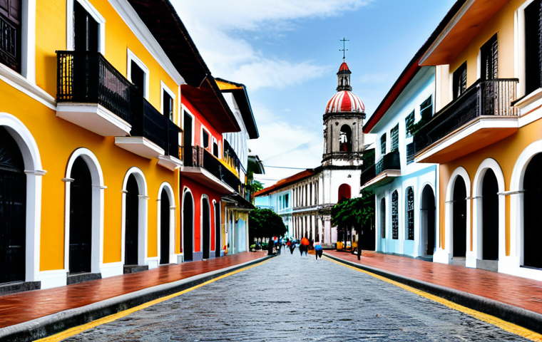 Architectural Harmony in Casco Viejo**

"A vibrant street scene in Casco Viejo, Panama, showcasing the blend of Spanish colonial and French architectural styles. Buildings with wrought-iron balconies and colorful facades line the cobblestone street. People stroll along the sidewalks, enjoying the atmosphere. In the background, a historic church with a bell tower rises above the rooftops. safe for work, appropriate content, fully clothed, perfect anatomy, correct proportions, natural pose, professional photography, high quality, modest."

**
