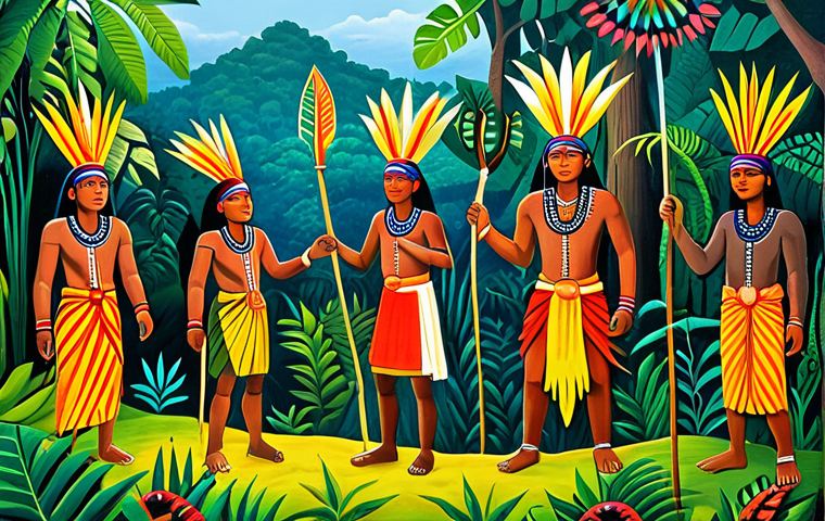 파나마의 신화와 전설 - "A vibrant, colorful painting depicting Embera spirits protecting the rainforest in Darien, Panama. ...