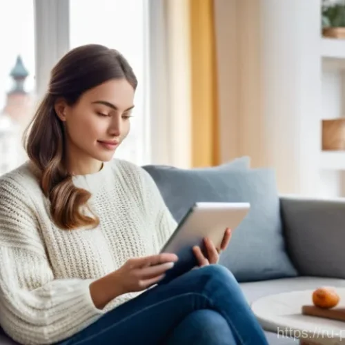 Home 15 현지 마트 및 쇼핑몰 정보 - **Prompt:** A young woman, in her late 20s to early 30s, with a thoughtful expression, is comfortabl...